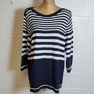 Textured Natural Cotton Navy White Yellow Striped Nautical Mid Weight Sweater
